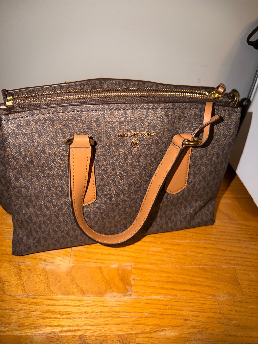 Michael Kors Brown Logo Tote with Tan Trim and Gold Hardware